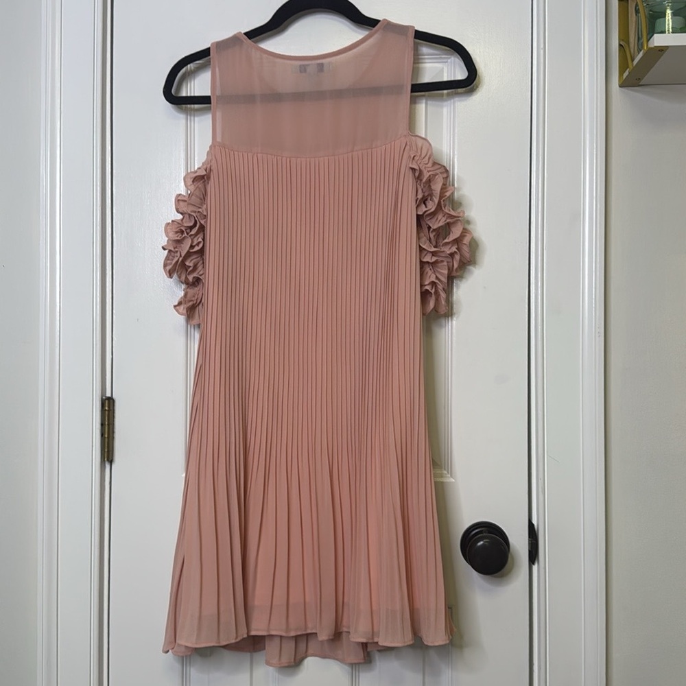 She + Sky 60% Silk Pink Ruffled Cut-Out Mini Dress PTP: 16”-18” - Picture 6 of 10
